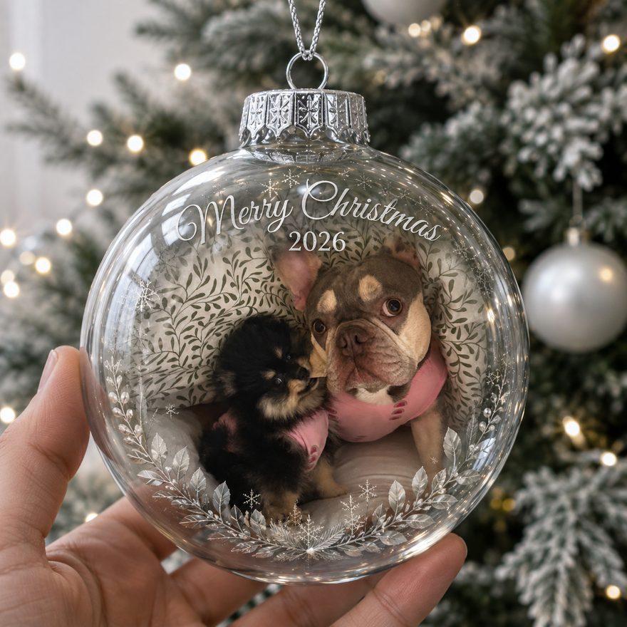The finished clear acrylic bauble made from that photo, with a silver foliage wreath, Merry Christmas and the year 2026