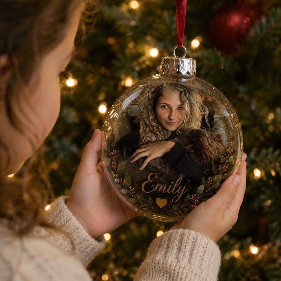 Clear acrylic bauble printed with a woman holding her dog, framed by a gold foliage wreath with the name Emily in gold script
