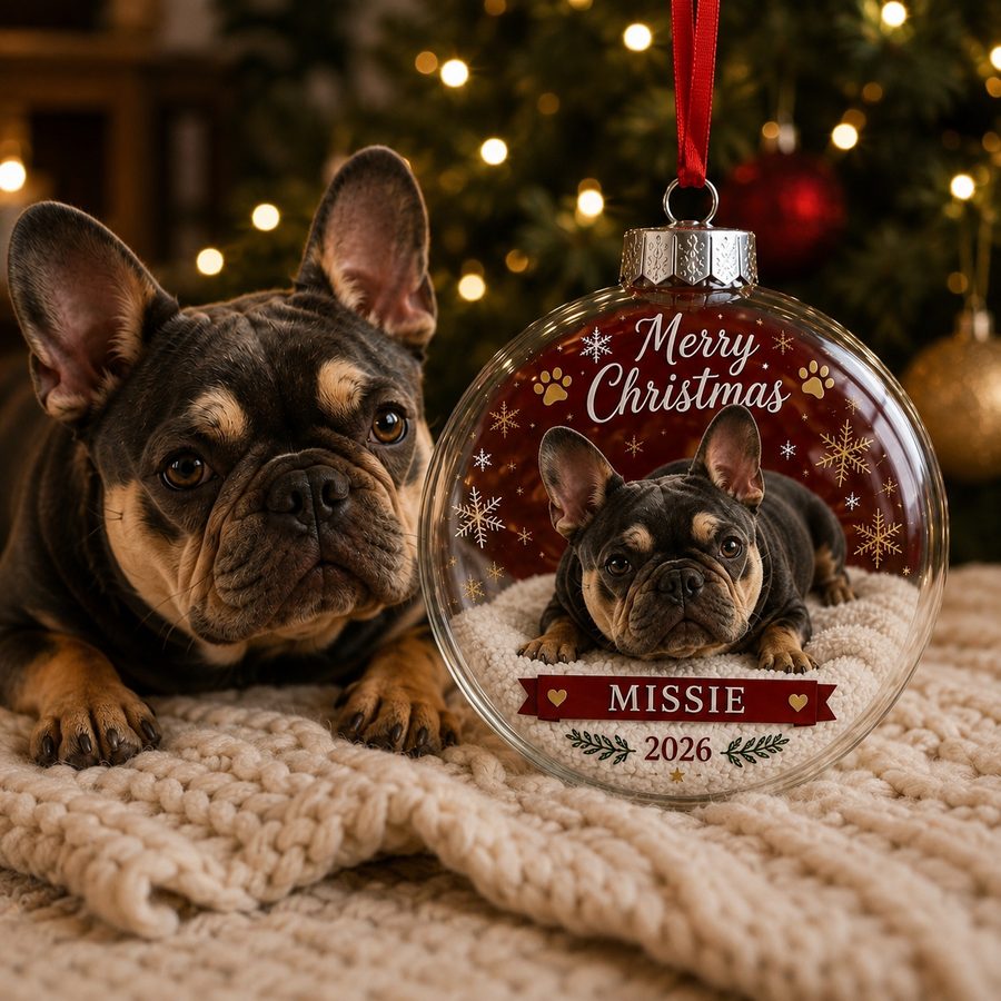 The red Merry Christmas bauble resting on a knitted blanket beside the French bulldog whose photo is printed on it