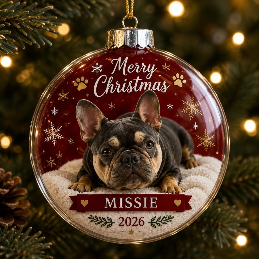 The Merry Christmas design in red, printed with a French bulldog, the name Missie and the year 2026