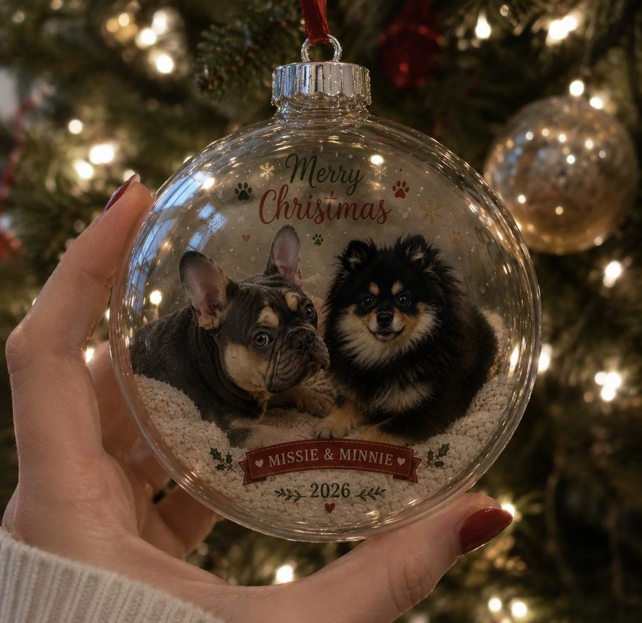 Clear acrylic bauble printed with a French bulldog and a Pomeranian together, a holly banner reading Missie and Minnie, and the year 2026